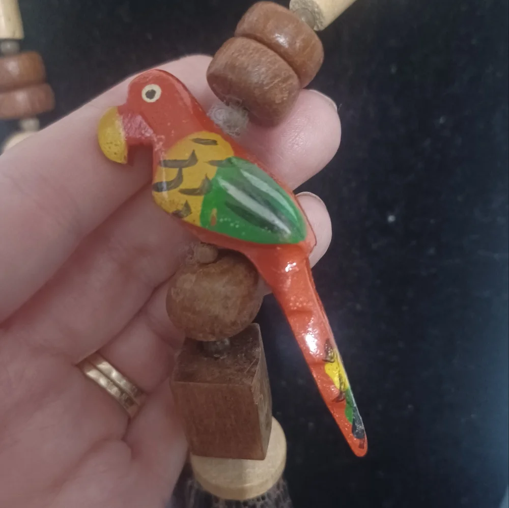 Vintage Handcrafted Wooden Beaded Necklace with Parrot Charm - Picture 2 of 9